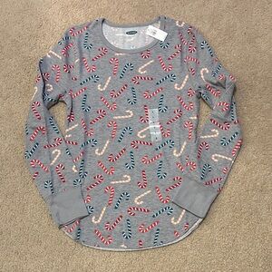 Old Navy Gray Long Sleeve Thermal Sleep Tee Candy Cane Print Christmas Pajamas